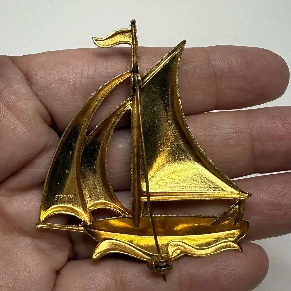 Vintage Spanish Damascene Sailboat Brooch